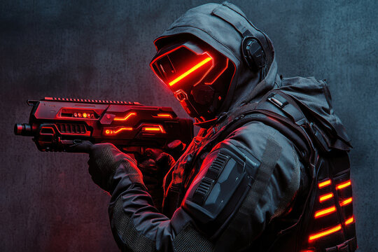 Futuristic soldier in tactical gear holding an advanced weapon with red led lights in dark environment
