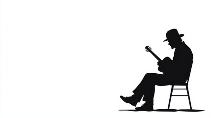 A silhouetted figure sits on a chair playing guitar, capturing a moment of music and contemplation against a minimalist background.
