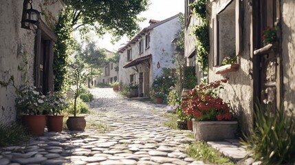 Fototapeta premium Sunlit cobblestone street in a quaint European village.