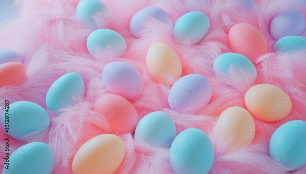 Poster pastel colored eggs arranged on a soft pink textured background creating a springtime easter theme a