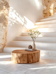 A wooden coffee table with a white vase and flowers sits in front of a white staircase