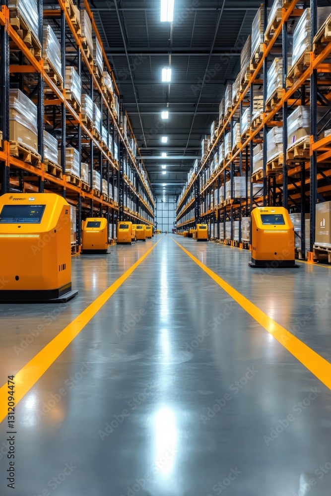 Poster a warehouse floor managed entirely by robotic systems with digital interfaces.