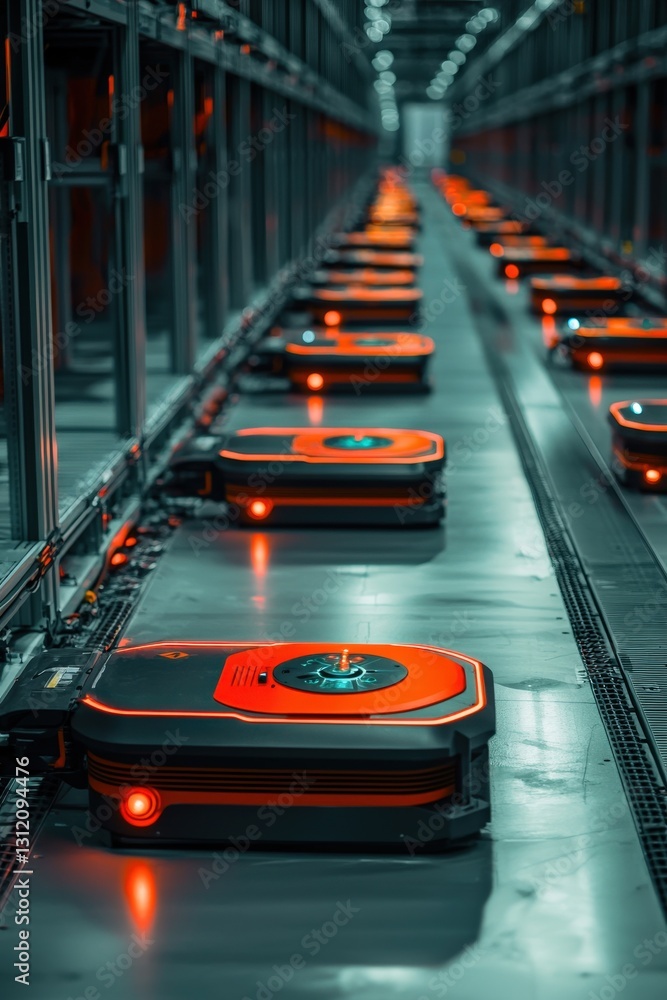 Poster a warehouse floor managed entirely by robotic systems with digital interfaces.