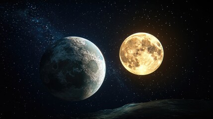 Fototapeta premium A photorealistic depiction of Earth and the Moon, highlighting the contrast between their surfaces