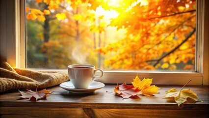 Cozy autumn morning coffee on windowsill surrounded by fall leaves and warm golden light, serene, cup,  serene, cup, sunlight, leaf