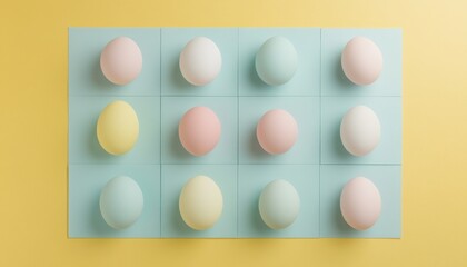 Arrangement of pastel colored eggs on a light blue grid against a yellow backdrop in a studio setting