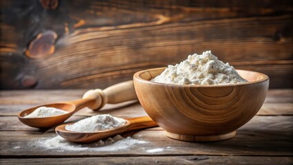 Fototapeta premium A bowl of flour with a wooden spoon and a mixing bowl in the background, utensils, flour