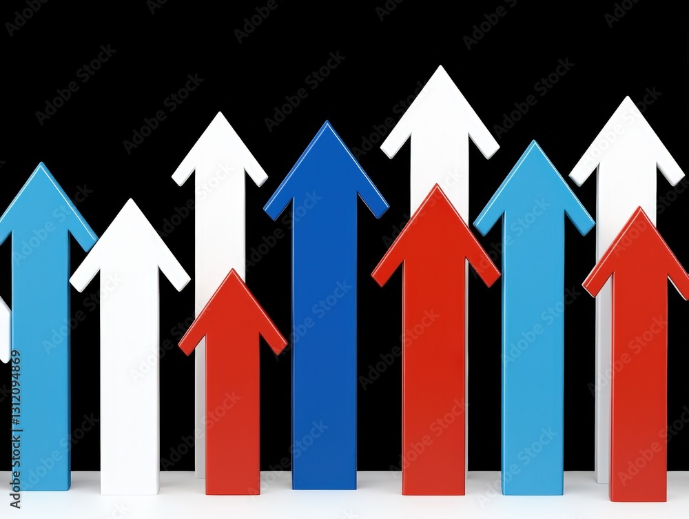 Poster a row of vibrant up arrows against a serene azure canvas creating a sense of direction and motion