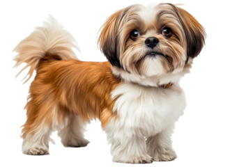 Cute small dog with fluffy fur standing on a white background looking curiously at the camera in a playful and affectionate manner