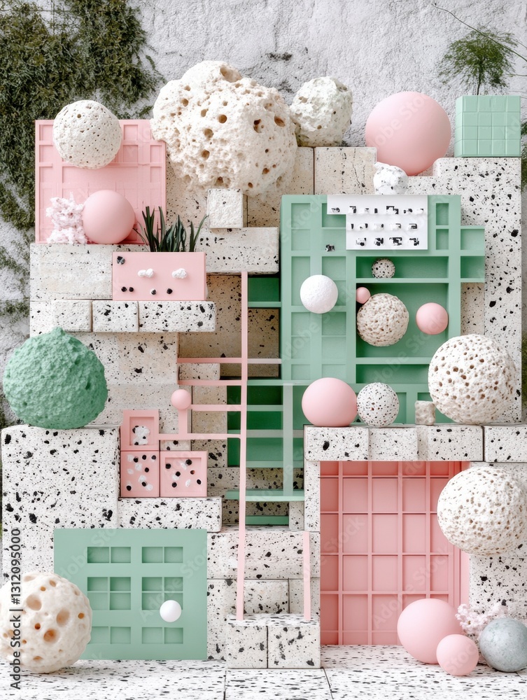 Poster abstract pastel pink and green 3d render of geometric shapes, spheres, and textured blocks against a