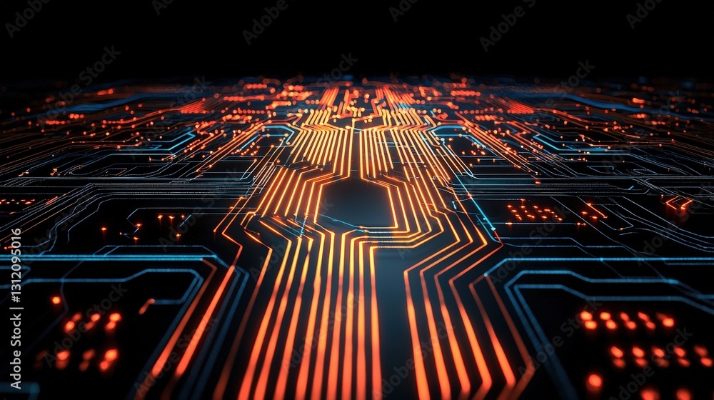 Aufkleber illuminated circuit board with glowing lights surrounded by swirling data clouds in a digital realm