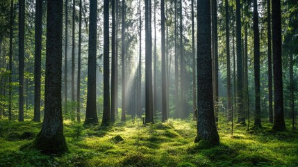 Dark tree trunks contrasting with bright green foliage in a mystical forest setting.