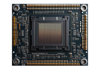 Circuit board featuring a central processing unit with intricate electronic components in a modern design.  isolated on transporent background