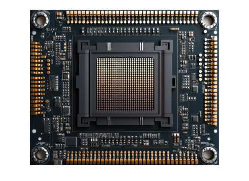 Circuit board featuring a central processing unit with intricate electronic components in a modern design.  isolated on transporent background