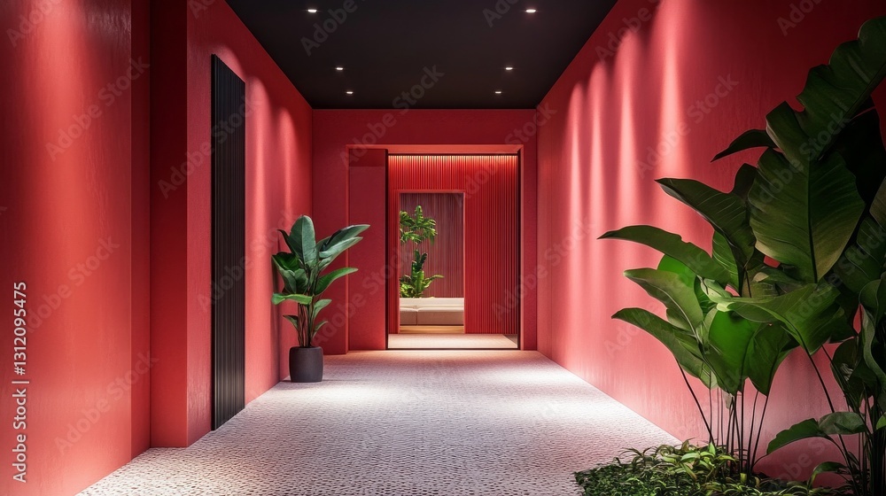 Poster a stunning hallway features deep pink walls, exuding warmth and sophistication. large green plants a