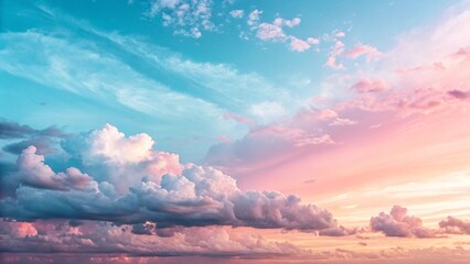 Rainbow Clouds. A soft cloud background with a pastel colored orange to blue gradient. sun and cloud background with a pastel colored. Soft  sky fuse with sunset light to look like heaven, peaceful 