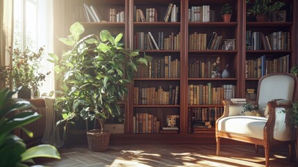 Sunlit library with bookshelves, armchair, and plants.