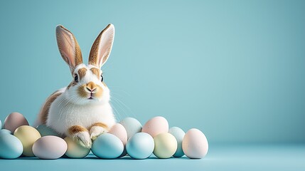 Fototapeta premium Cute Easter Bunny. Buny the Spring symbol. Easter holidays symbol. Easter Greeting card design, invitation template. Easter display with eggs and bunny