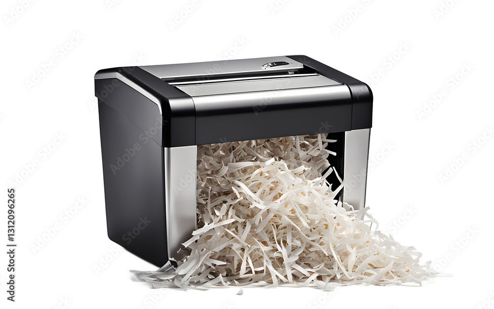 Poster a document shredder with shredded paper inside, isolated on a empty plain background