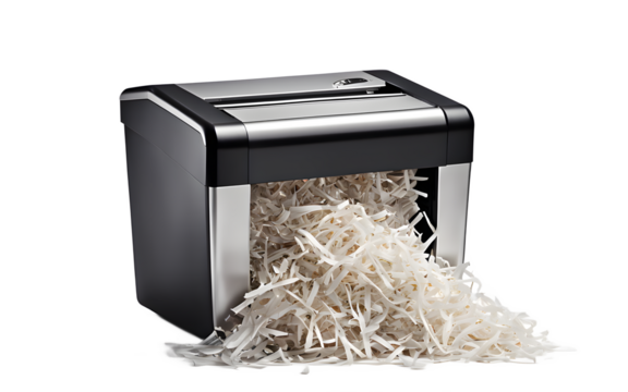 A document shredder with shredded paper inside, isolated on a empty plain background