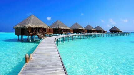 Fototapeta premium Tropical overwater bungalows on a wooden pier, turquoise ocean, sunny day