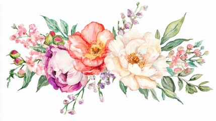 A vibrant floral arrangement featuring peonies, roses, and delicate blossoms in soft hues. isolated on white background.