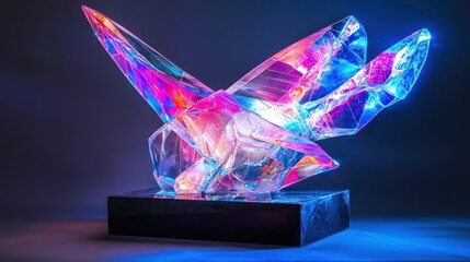 Abstract glass sculpture with vibrant colors on black base.