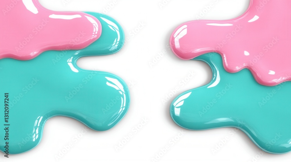 Poster abstract image of two pink and teal paint blobs on a white background. the paint has a glossy textur
