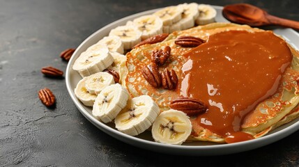 Delicious plate of caramelized banana crepes artfully presented with bananas and fresh cream delights