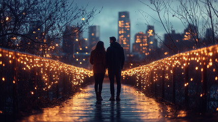 Fototapeta premium A couple standing together, looking at the city skyline lit up at night. The warm bokeh and reflections create a dreamy, romantic atmosphere, conveying love and connection in an urban environment.