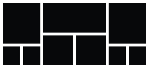 9 Empty Grid Collage Photo Frame Template. Square and Rectangle Background Shape. Mosaic and Texture Pattern Mood board for Portfolio and Wall Gallery Presentation.