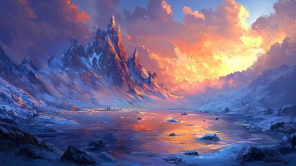 Majestic snow-capped mountains at sunset reflecting on a frozen lake.