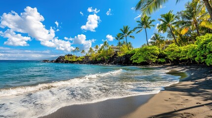 Fototapeta premium A pristine Hawaiian beach with turquoise waters meeting black volcanic sand, creating a striking contrast