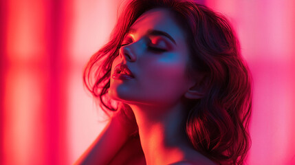 Fototapeta premium A beautiful portrait of a woman illuminated by warm golden light. Soft shadows and intense contrasts enhance the beauty and serenity of the image, creating a sense of elegance and tranquility.