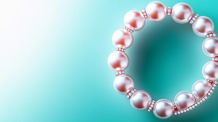 Elegant pearl bracelet adorned with shimmering gemstones, set against a serene teal background.