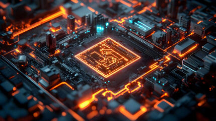 Obraz premium Close Up View of Glowing Orange Circuit Board with Central Processing Unit