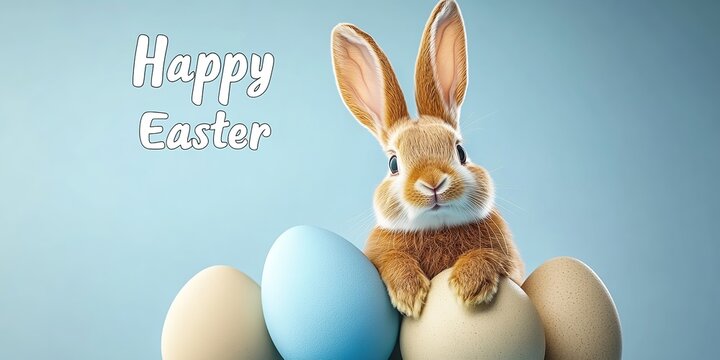 Cute Easter Bunny. Buny the Spring symbol. Easter holidays symbol. Easter Greeting card design, invitation template. Easter display with eggs and bunny