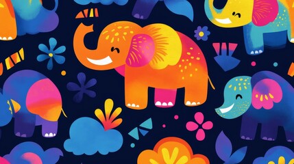 Playful elephant parade colorful jungle pattern art cheerful environment bright viewpoint whimsical concept