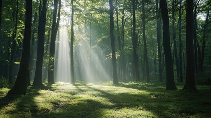 Obraz premium Sunlight dappling the forest floor, creating a warm contrast to the mist.