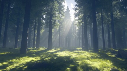 Fototapeta premium Sunlight filtering through towering pine trees, illuminating a mossy forest floor in early morning mist.
