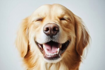 Golden Retriever Smile: A close-up portrait of a golden retriever with eyes closed and a wide, joyful grin. The dog's  golden fur, pink nose, and bright, white teeth are visible.