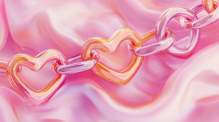 Pink heart chain on silk fabric.