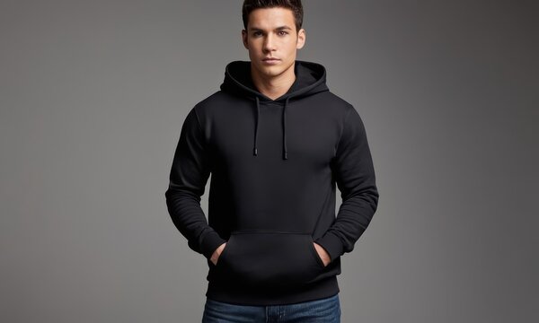 Confident young man wearing a stylish black hoodie sweatshirt