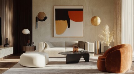 Transforming modern living chic abstract living room with angular furniture interior design inspiration contemporary style inviting atmosphere