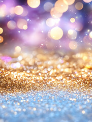 Abstract golden glitter with out-of-focus lights on a purple and blue background