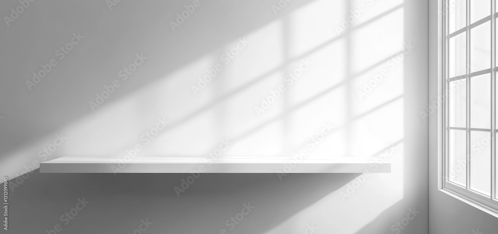 Poster floating white shelf display against wall with window light and shadow