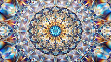 Intricate kaleidoscope pattern on a polished diamond surface , reflective surfaces, close-up