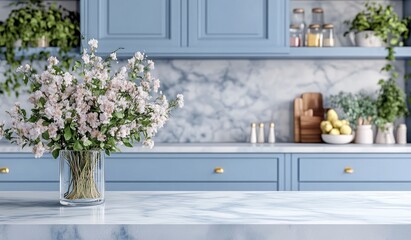 Kitchen Interior Featuring Flowers and Marble Countertop and Cabinets