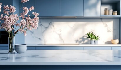 Modern Kitchen Countertop with Flowers and Stylish Blue Cabinets Backdrop