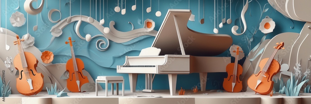 Poster musical notes and colorful instruments create a vibrant paper craft display around a grand piano and